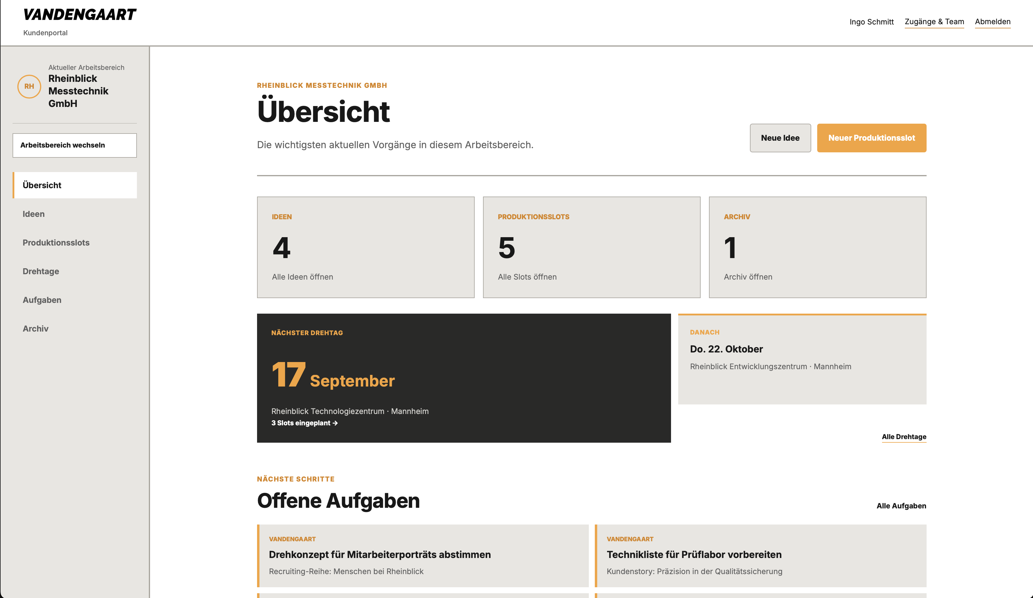 Übersicht des VANDENGAART Redaktions- und Produktionsportals mit Ideen, Produktionsslots, Drehtagen und offenen Aufgaben